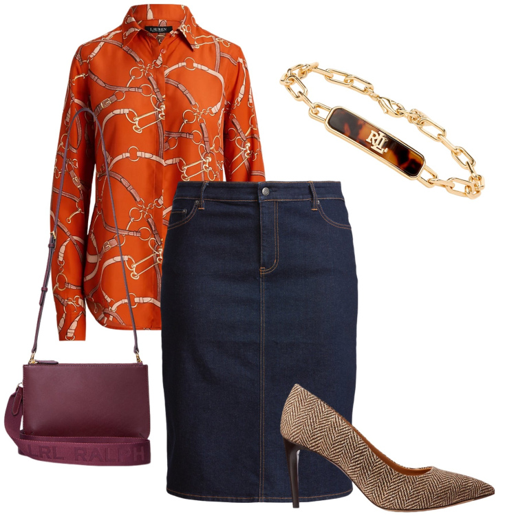 Outfit donna - La camicia a fantasia. Stile Bon Ton per Serata fuori. Abbinamento con borse a tracolla, camicie, gonne, braccialetti, décolleté.