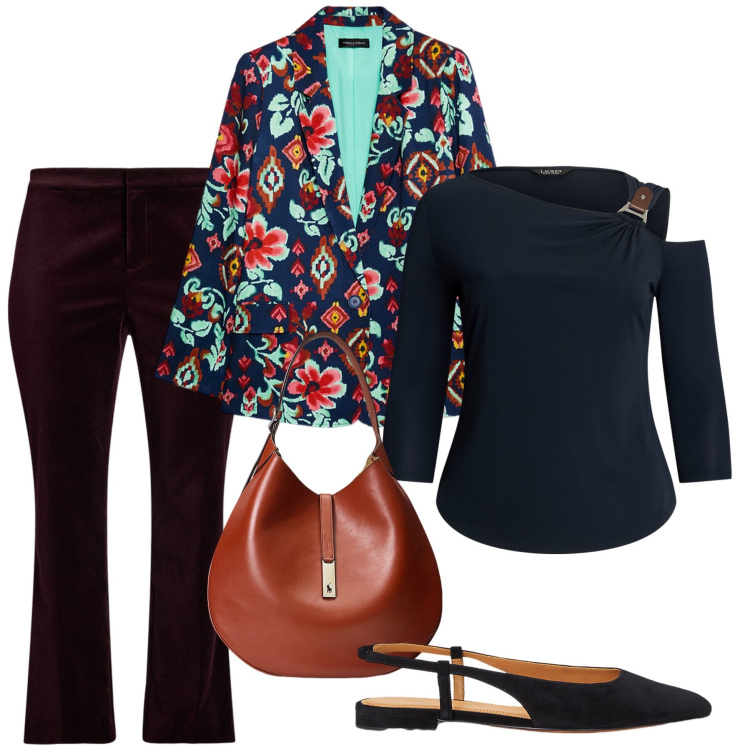 Outfit donna - La giacca con i fiori. Stile Bon Ton per Serata fuori. Abbinamento con blazer, borse a spalla, maglieria, pantaloni, ballerine.