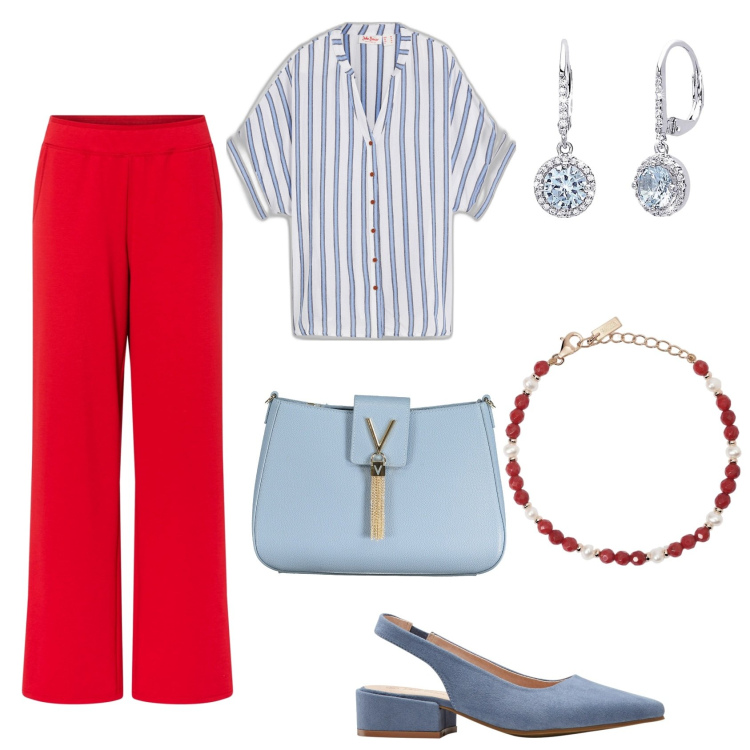Outfit donna - Ufficio. Stile Casual chic per Ufficio. Abbinamento con décolleté, camicie, pantaloni a palazzo, braccialetti, orecchini, borse a spalla.