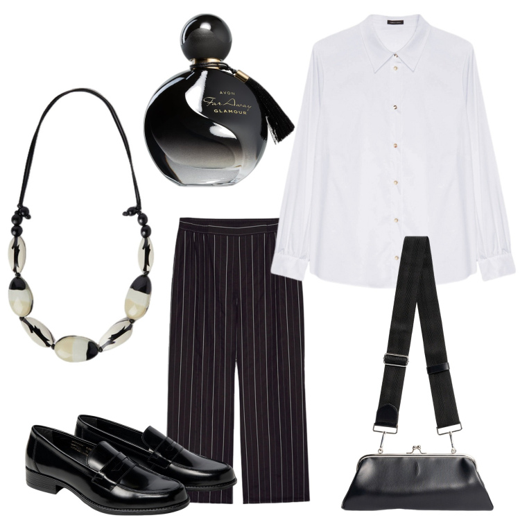 Outfit donna - Righe e conchiglie. Stile Casual chic per Ufficio. Abbinamento con profumi, pantaloni, camicie, clutch, mocassini, collane.