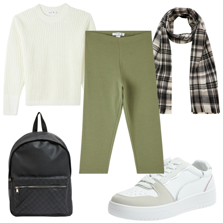 Outfit donna - Terranova : una sciarpa in città. Stile Trendy per Tutti i giorni. Abbinamento con leggings, maglieria, sneakers, zaini, sciarpe.
