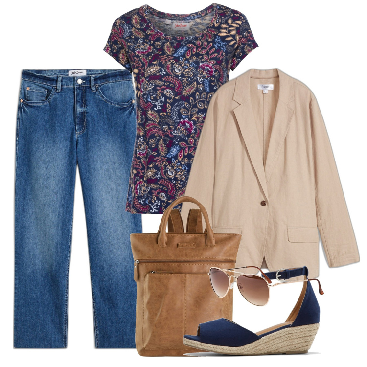 Outfit donna - Denim. Stile Bon Ton per Ufficio. Abbinamento con t-shirt, zaini, occhiali da sole, blazer, sandali, jeans dritti.