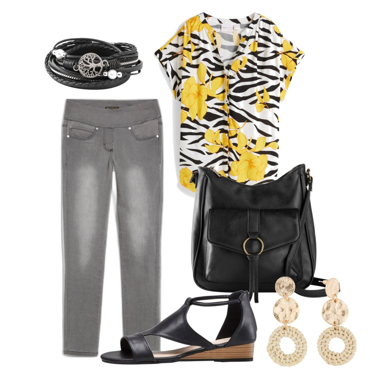 Outfit donna - All\'insegna del denim. Stile Bon Ton per Tutti i giorni. Abbinamento con braccialetti, jeans slim fit, sandali, orecchini, camicie, borse a tracolla.