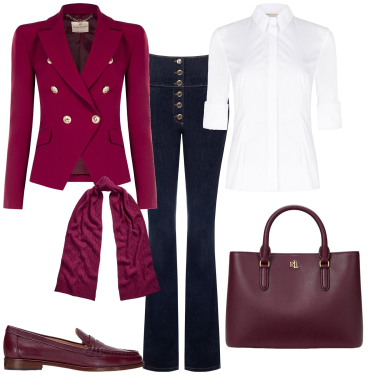 Outfit donna - Total look #1948796. Stile Trendy per Ufficio. Abbinamento con blazer, jeans a zampa, camicie, sciarpe, mocassini, borse a mano.