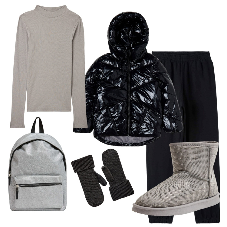 Outfit donna - Nero e grigio argento!!!. Stile Casual per Scuola/Università. Abbinamento con stivali, blazer, pantaloni, t-shirt, guanti, zaini.