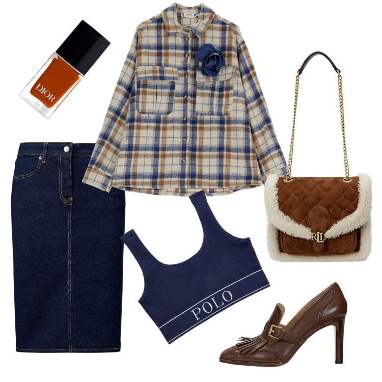 Outfit donna - Autunno in arrivo. Stile Trendy per Tutti i giorni. Abbinamento con smalti, camicie, gonne, canottiere, borse a spalla, décolleté.