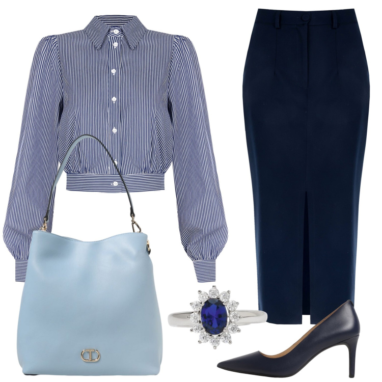 Outfit donna - Elegante e sobria. Stile Bon Ton per Ufficio. Abbinamento con anelli, camicie, gonne longuette, décolleté, borse a spalla.