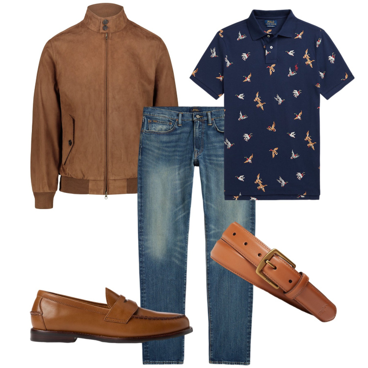Outfit uomo - La polo a fantasia. Stile Business/Elegante per Ufficio. Abbinamento con cinture, scarpe stringate, jeans, polo, giacche.
