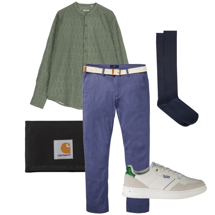 Outfit uomo - I calzini blu. Stile Urban per Tutti i giorni. Abbinamento con pantaloni chino, camicie, sneakers, portafogli, calzini.