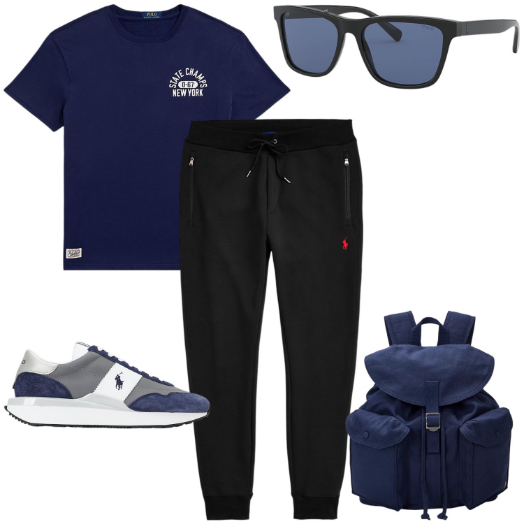 Outfit uomo - Preparazione atletica. Stile Casual per Sport. Abbinamento con borse sportive, occhiali da sole, sneakers, t-shirt, pantaloni.