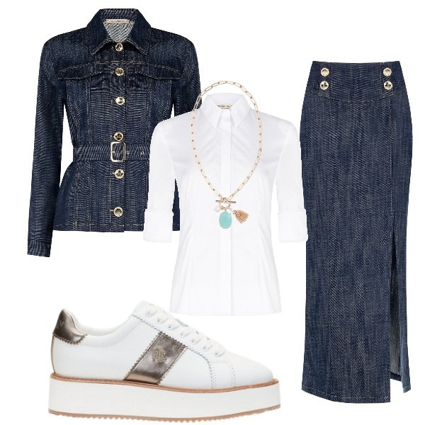 Outfit donna - Total look #1948857. Stile Glamour per Ufficio. Abbinamento con gonne lunghe, blazer, camicie, sneakers, collane.