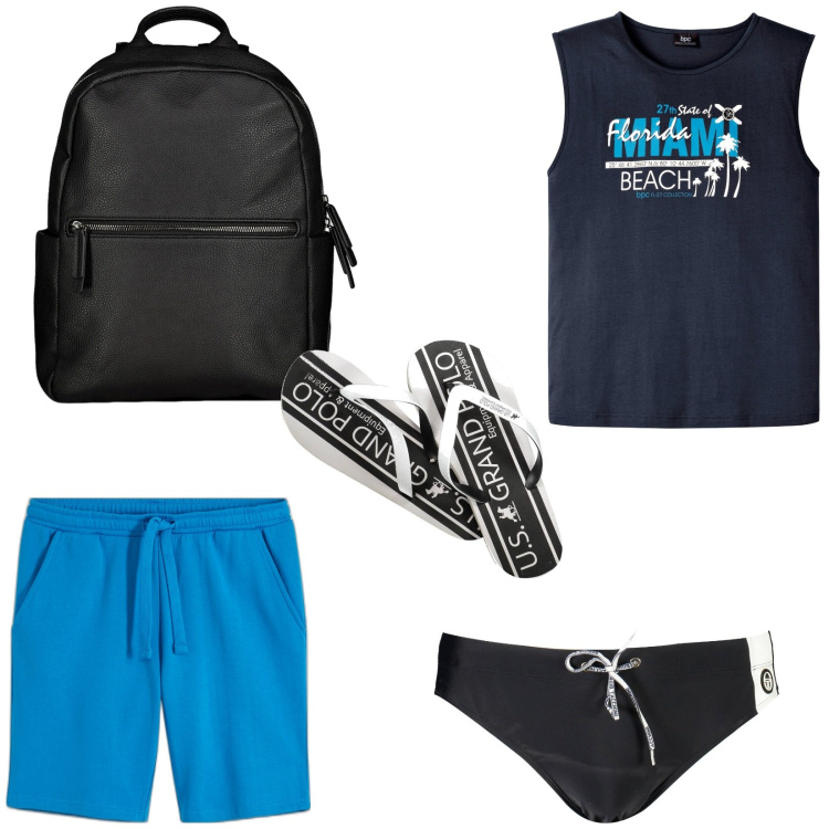 Outfit uomo - Ultimi giorni al mare. Stile Casual per Mare. Abbinamento con canottiere, bermuda, sandali, borse sportive, costumi.