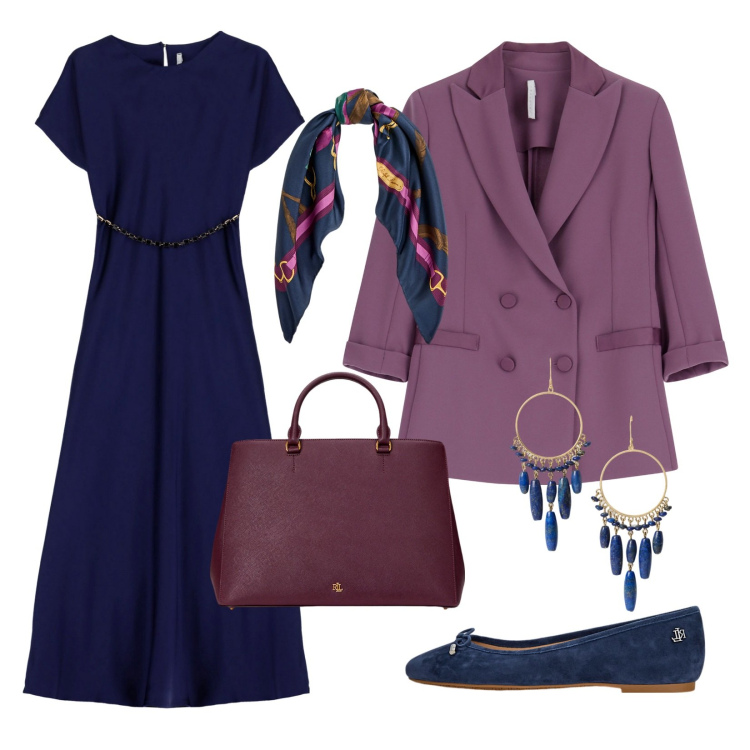Outfit donna - Zaffiro e Ametista!!!. Stile Chic per Ufficio. Abbinamento con vestiti corti, blazer, borse a mano, ballerine, foulard, orecchini.