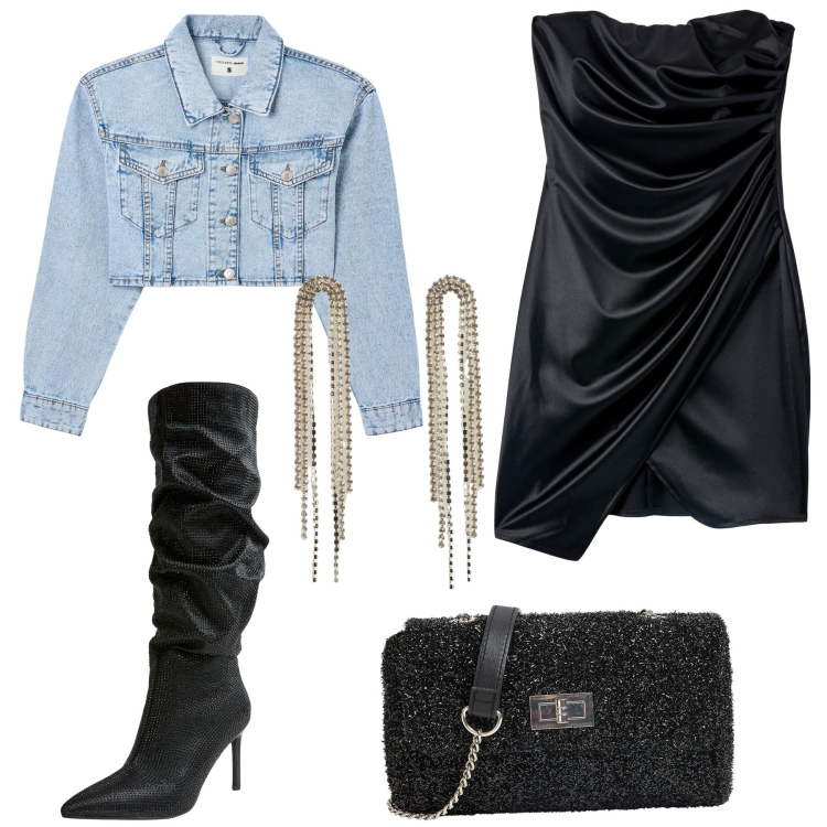 Outfit donna - Serata fuori con Terranova. Stile Sexy per Serata fuori. Abbinamento con blazer, borse a tracolla, orecchini, vestiti asimmetrici, stivali.