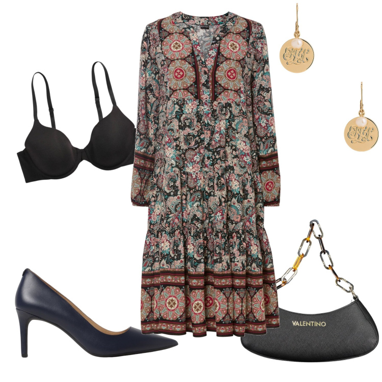 Outfit donna - Aperitivo. Stile Boho per Serata fuori. Abbinamento con vestiti, reggiseni, orecchini, décolleté, borse a spalla.