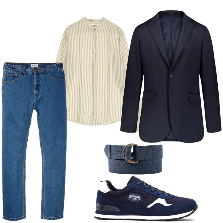 Outfit uomo - Jeans e giacca. Stile Trendy per Ufficio. Abbinamento con jeans dritti, sneakers, camicie, giacche, cinture.