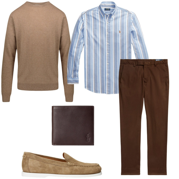 Outfit uomo - Il pullover per la sera. Stile Casual per Tutti i giorni. Abbinamento con portafogli, scarpe stringate, camicie, pantaloni, maglieria.