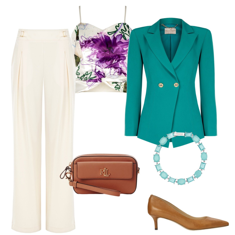 Outfit donna - Back to office. Stile Chic per Ufficio. Abbinamento con braccialetti, blazer, top, pantaloni a palazzo, décolleté, pochette.