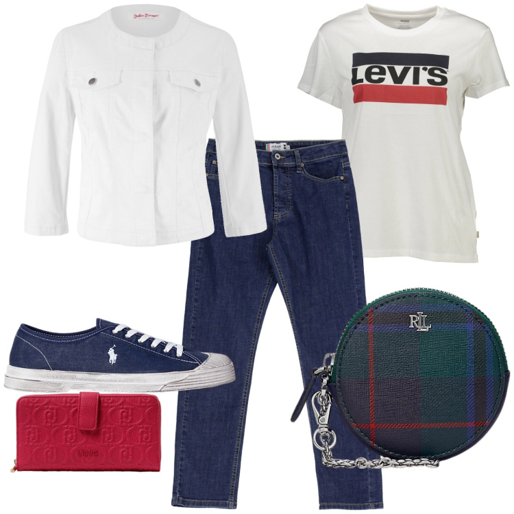 Outfit donna - Total look #1948973. Stile Casual per Tutti i giorni. Abbinamento con jeggings, jeans dritti, sneakers, pochette, t-shirt, portafogli.