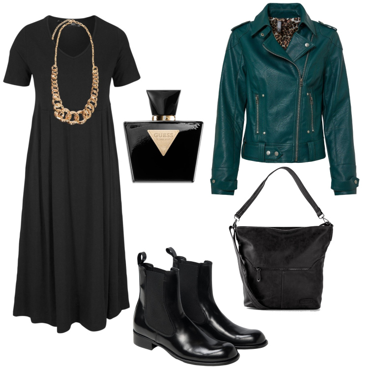 Outfit donna - Total black con il biker petrolio !. Stile Trendy per Tutti i giorni. Abbinamento con vestiti midi/longuette, blazer, borse a tracolla, profumi, collane, stivaletti chelsea.