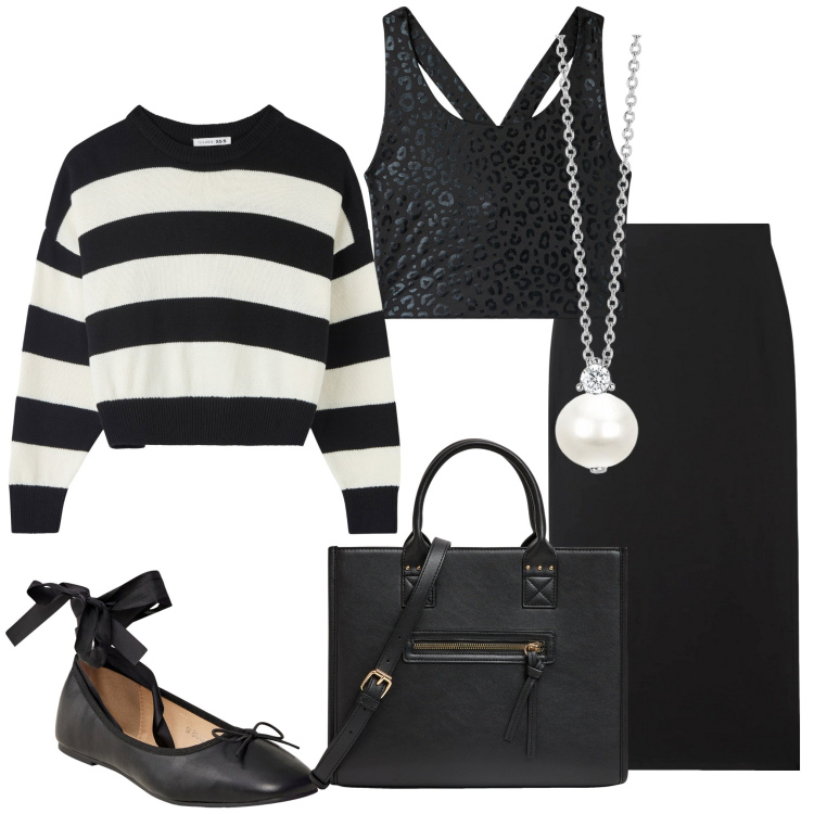 Outfit donna - Terranova. Stile Casual chic per Serata fuori. Abbinamento con shopping bag, gonne lunghe, maglieria, canottiere, ballerine, collane.