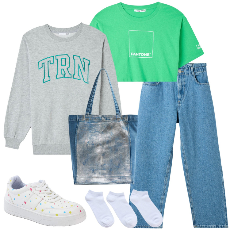 Outfit donna - Terranova. Stile Casual per Scuola/Università. Abbinamento con t-shirt, sneakers, felpe, jeans, calzini, shopping bag.