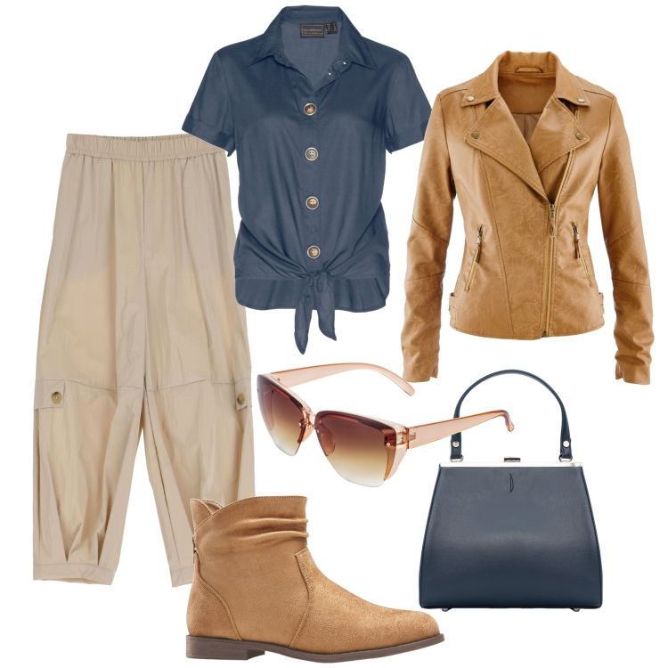 Outfit donna - In città con il biker e la clutch. Stile Sporty chic per Tutti i giorni. Abbinamento con blazer, camicie, stivaletti, occhiali da sole, pantaloni, clutch.