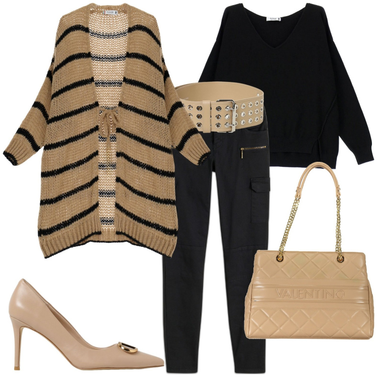 Outfit donna - Total look #1949025. Stile Casual per Tutti i giorni. Abbinamento con pantaloni cargo, cardigans, maglieria, borse a spalla, décolleté, cinture.