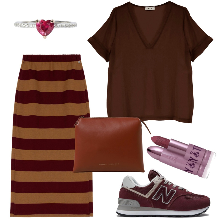 Outfit donna - La gonna a righe. Stile Casual per Scuola/Università. Abbinamento con rossetti, anelli, sneakers, gonne longuette, t-shirt, borse a tracolla.