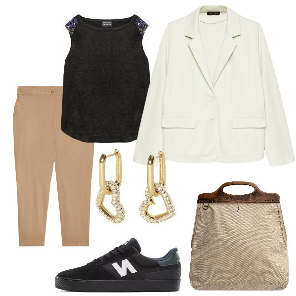 Outfit donna - Total look #1949151. Stile Casual per Tutti i giorni. Abbinamento con orecchini, sneakers, borse a tracolla, t-shirt, pantaloni, blazer.