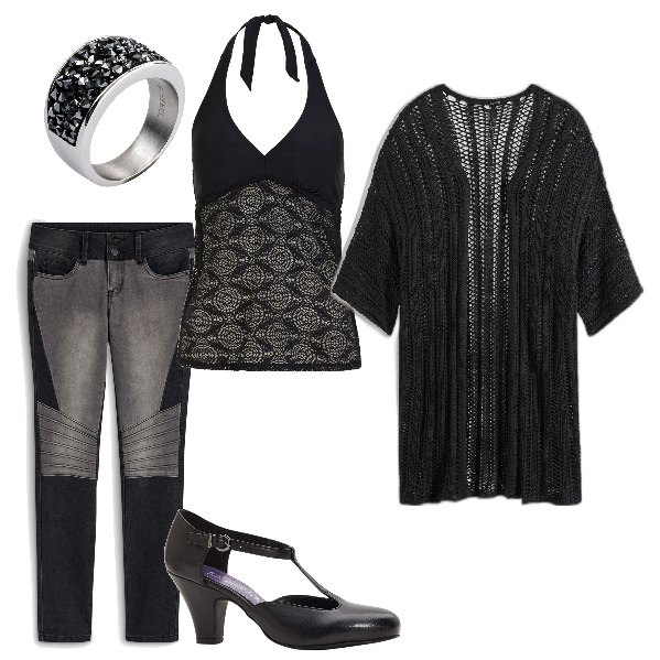 Outfit donna - Total look #1949157. Stile Glamour per Serata fuori. Abbinamento con cardigans, anelli, top, décolleté, jeans skinny.
