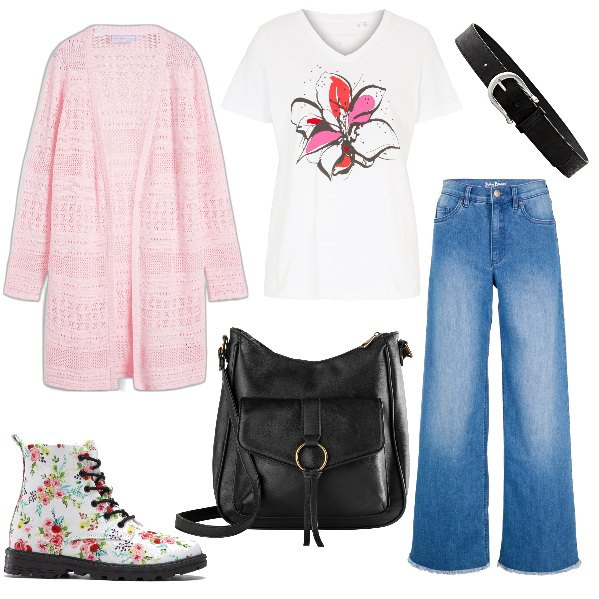 Outfit donna - Total look #1949160. Stile Casual chic per Ufficio. Abbinamento con jeans, cinture, cardigans, stivaletti, t-shirt, borse a tracolla.