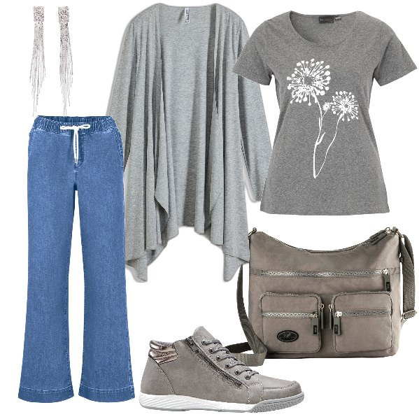 Outfit donna - Total look #1949163. Stile Casual chic per Ufficio. Abbinamento con jeans, t-shirt, sneakers alte, borse a tracolla, orecchini, cardigans.