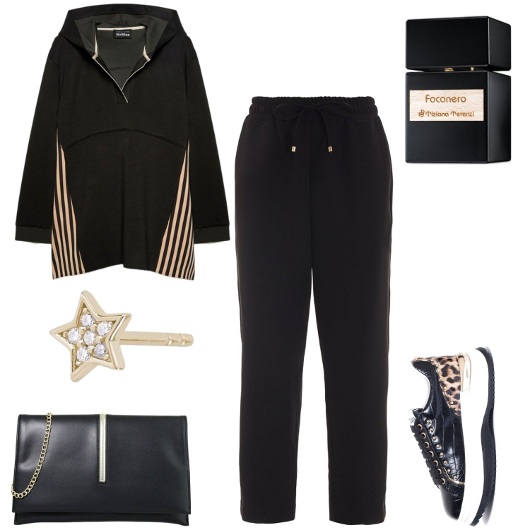 Outfit donna - Sportiva in ufficio. Stile Casual per Tutti i giorni. Abbinamento con profumi, orecchini, pochette, sneakers, pantaloni, felpe con cappuccio.