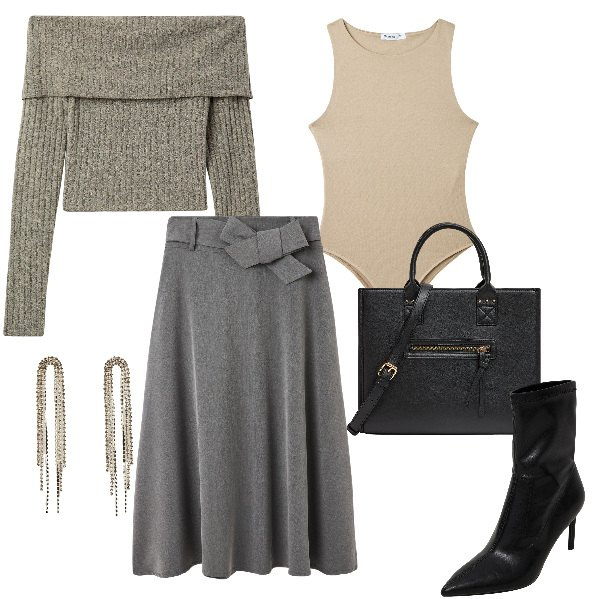Outfit donna - Total look #1949172. Stile Chic per Ufficio. Abbinamento con orecchini, stivaletti, gonne lunghe, body, maglieria, shopping bag.