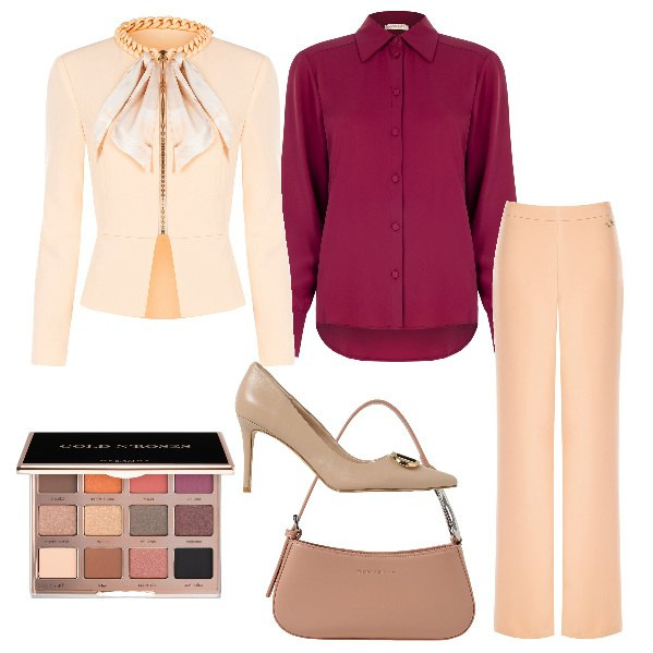 Outfit donna - Total look #1949184. Stile Glamour per Cerimonia. Abbinamento con ombretti, blazer, pantaloni a palazzo, camicie, borse a spalla, décolleté.