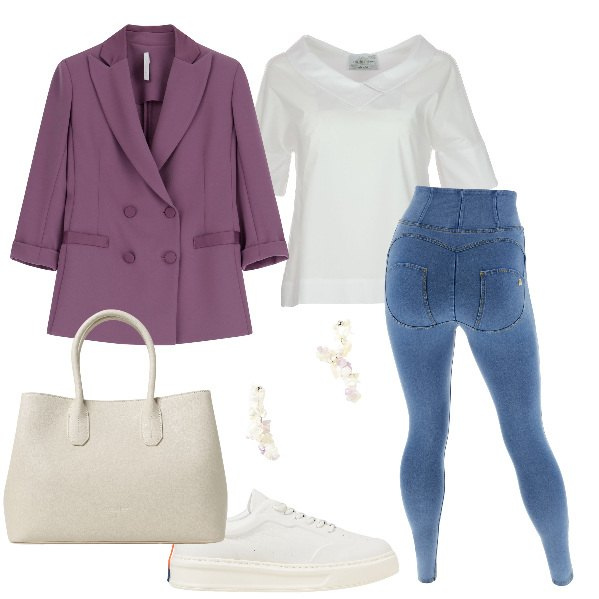 Outfit donna - Total look #1949187. Stile Casual chic per Ufficio. Abbinamento con blazer, jeggings, bluse, sneakers, orecchini, borse a mano.