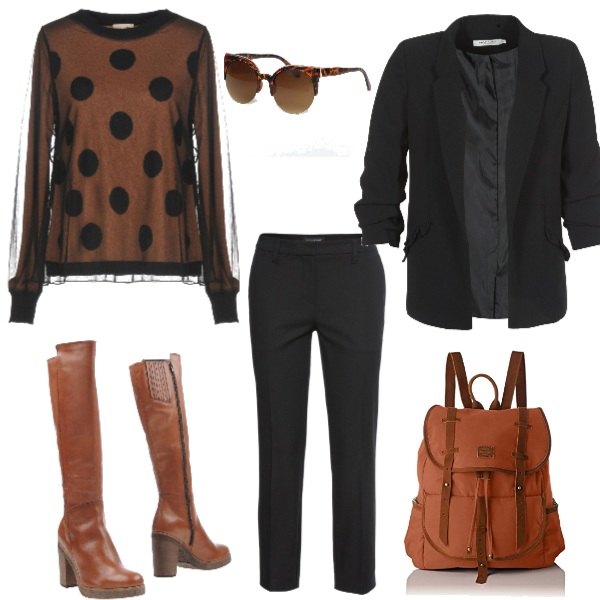 Outfit donna - Coriandoli. Stile Basic per Tutti i giorni. Abbinamento con pantaloni, pullover senza tasche a pois lavorato a maglia collo tondo a maniche lunghe in tulle, stivali con tacco squadrato e zip con punta tonda tinta unita, giacca nero, zaino marrone, occhiali da sole a gatto lenti scure stanghette sottili protezione dai raggi.