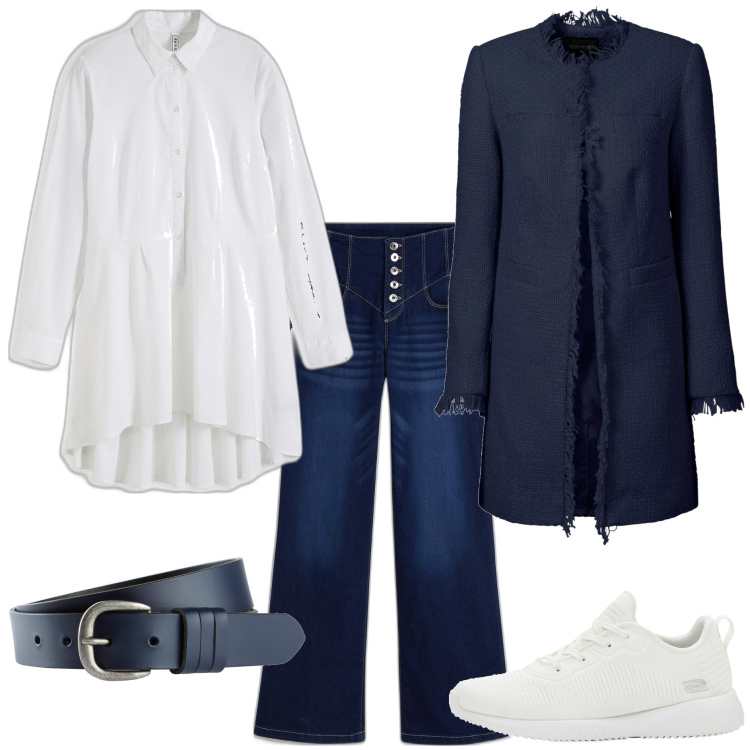 Outfit donna - Denim style. Stile Casual chic per Tutti i giorni. Abbinamento con blazer, camicie, sneakers, cinture, jeans a zampa.