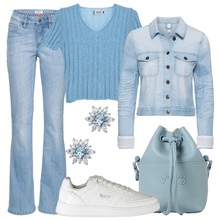 Outfit donna - Il giubbino in jeans con il pizzo. Stile Casual per Tutti i giorni. Abbinamento con jeans bootcut, blazer, orecchini, pullovers, sneakers, borse a spalla.