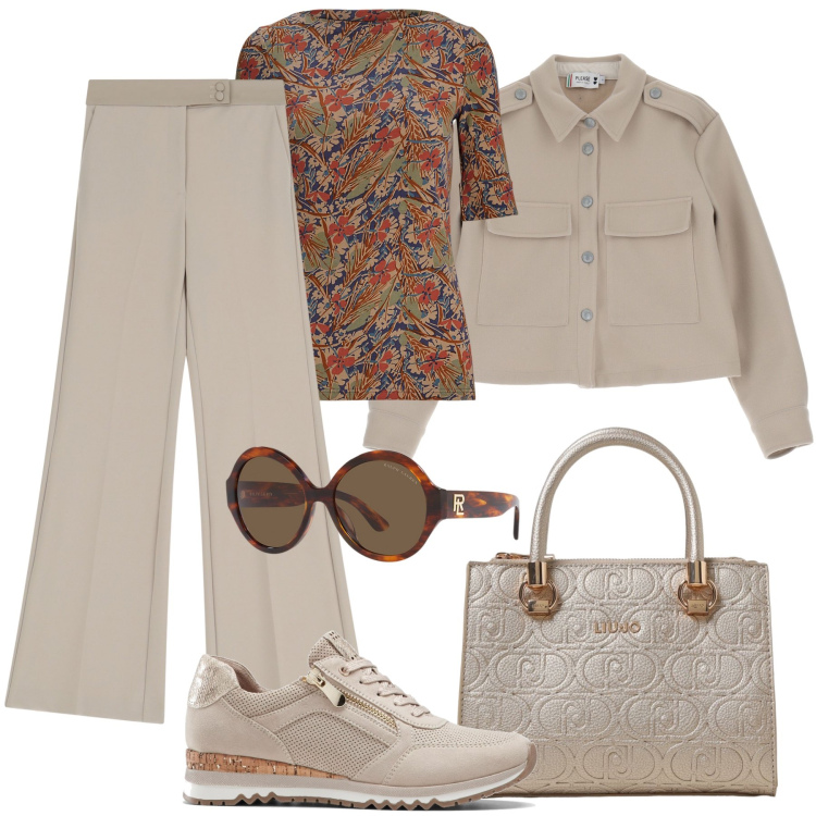 Outfit donna - Una giornata quasi monocromatica. Stile Trendy per Tutti i giorni. Abbinamento con sneakers, blazer, pantaloni, maglieria, occhiali da sole, borse a spalla.