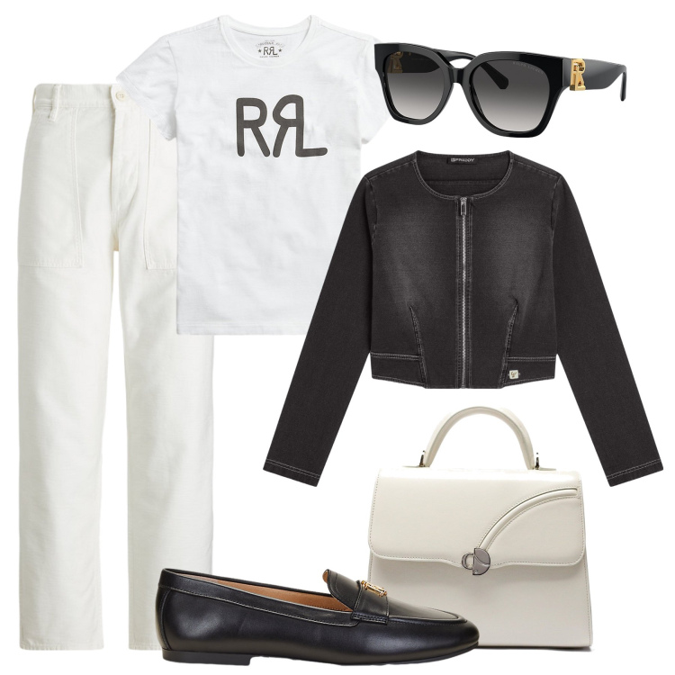 Outfit donna - Ufficio sportivo con stile. Stile Sporty chic per Ufficio. Abbinamento con blazer, mocassini, t-shirt, pantaloni, occhiali da sole, borse a mano.