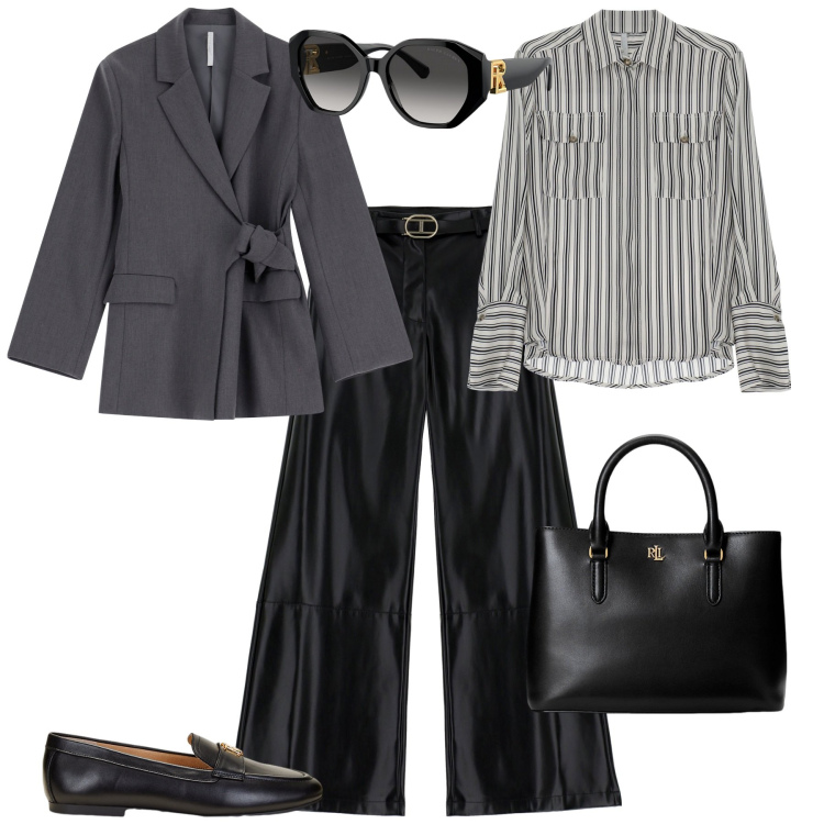 Outfit donna - Total look #1949255. Stile Glamour per Ufficio. Abbinamento con pantaloni, blazer, camicie, mocassini, borse a mano, occhiali da sole.