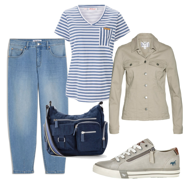 Outfit donna - Novità Denim Bonprix!. Stile Casual per Tutti i giorni. Abbinamento con blazer, t-shirt, borse a tracolla, jeans, sneakers.
