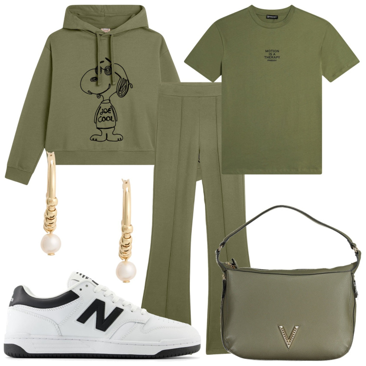 Outfit donna - Sportiva. Stile Sporty chic per Tutti i giorni. Abbinamento con sneakers, t-shirt, pantaloni, felpe con cappuccio, orecchini, borse a spalla.
