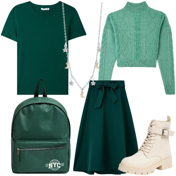 Outfit donna - Al corso di aggiornamento. Stile Urban per Scuola/Università. Abbinamento con maglieria, zaini, gonne lunghe, anfibi, t-shirt, collane.