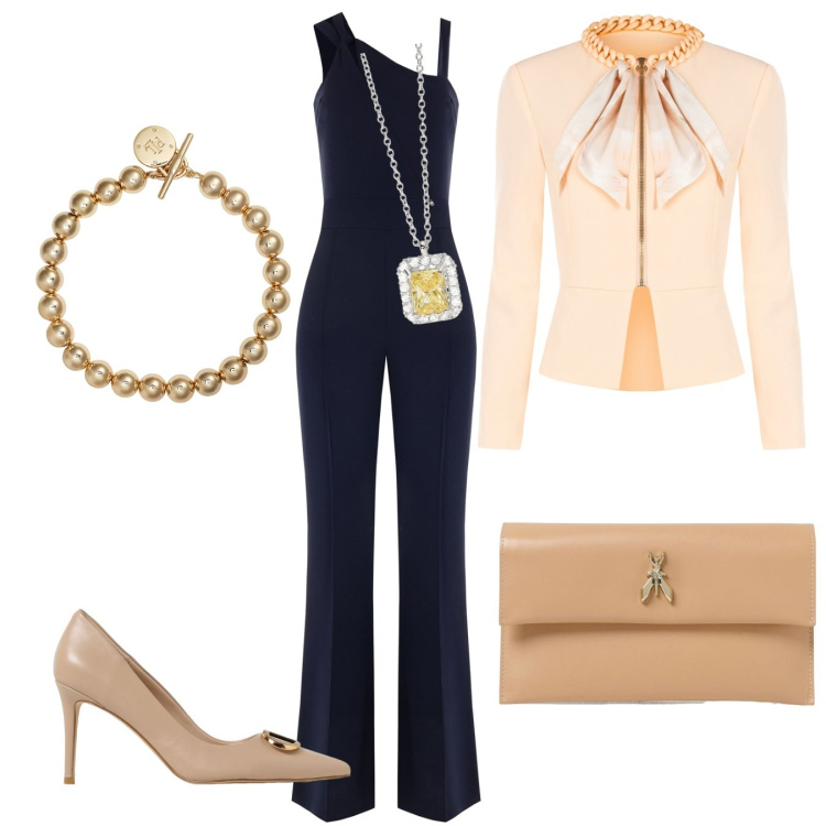 Outfit donna - Cena di lavoro. Stile Chic per Ufficio. Abbinamento con collane, tute, blazer, braccialetti, clutch, décolleté.