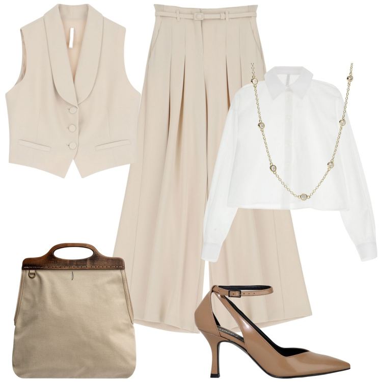 Outfit donna - Bantoa Collections. Stile Glamour per Ufficio. Abbinamento con collane, pantaloni, camicie, gilet, décolleté, borse a tracolla.