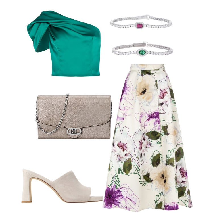 Outfit donna - È estate anche in ufficio. Stile Romantica per Ufficio. Abbinamento con braccialetti, braccialetti, gonne, top, borse a tracolla, pantofole.