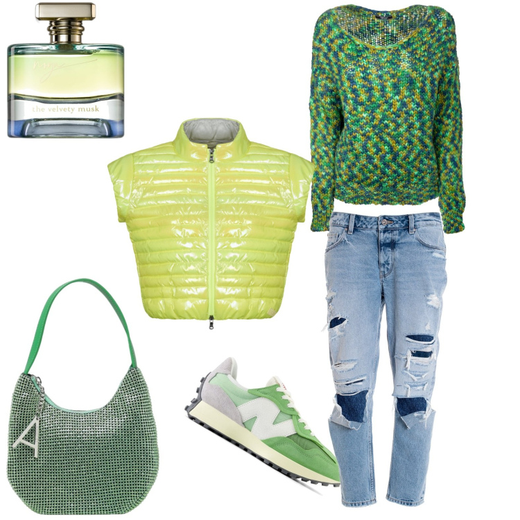 Outfit donna - Gita al lago. Stile Casual per Tutti i giorni. Abbinamento con profumi, sneakers, maglieria, jeans boyfriend, blazer, borse a spalla.